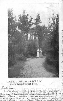 Chr.San-1904-004.jpg - “De Groote Koepel in het Bosch” bij het Sanatorium was oorspronkelijk een theekoepel. Door de lage bebossing kon je vanaf de koepelheuvel de Dom in Utrecht en de Pyramide van Austerlitz zien. Onder de koepel bevond zich de ijskelder van het Sanatorium waarin ijs werd opgeslagen voor de koeling van etenswaren. Foto gemaakt in 1904.